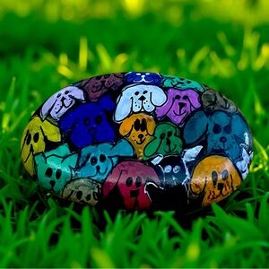 Hand crafted painted rock colorful rainbow dogs black stone one blue cat brown